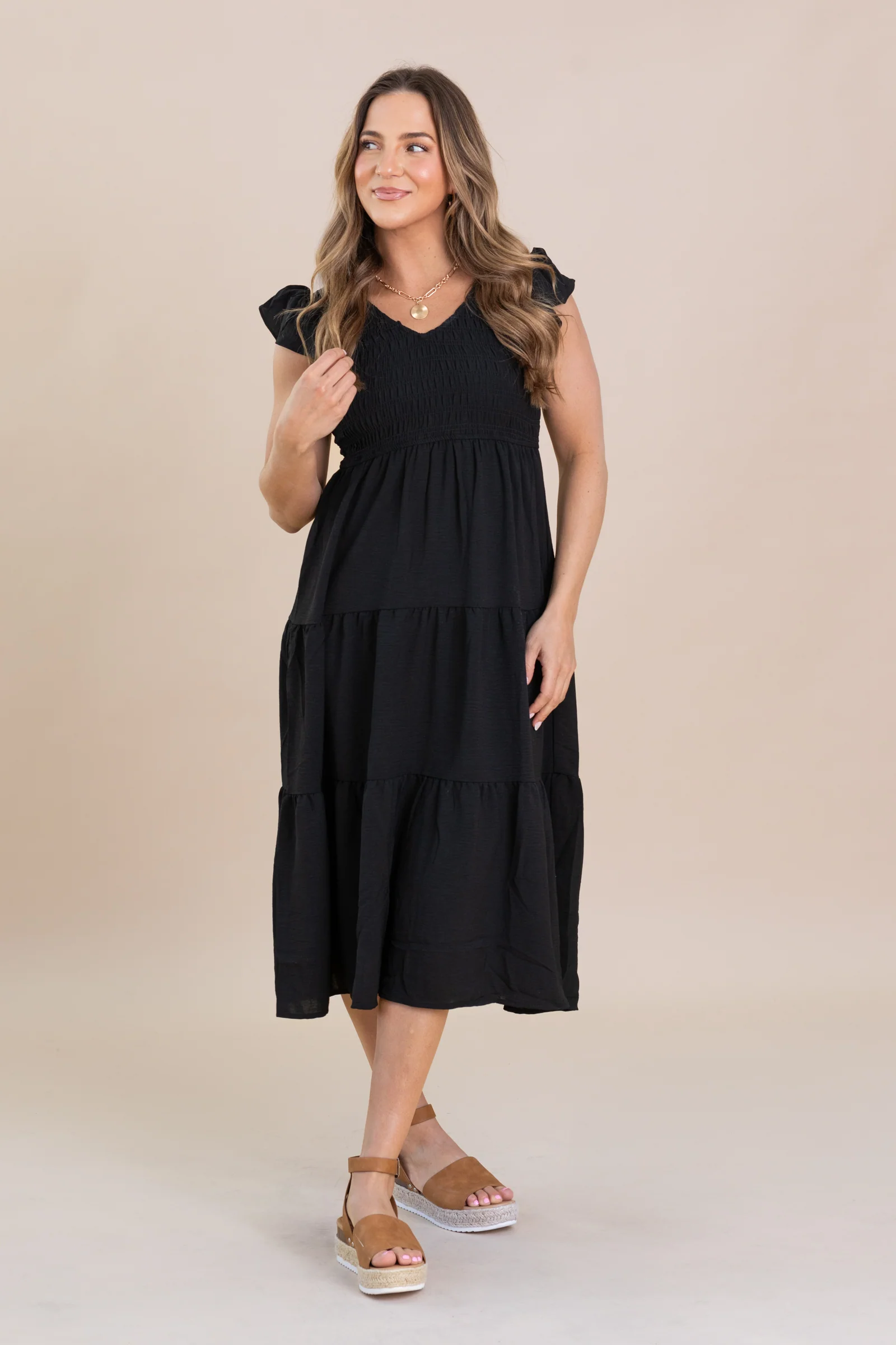 Black Flutter Sleeve Midi Dress