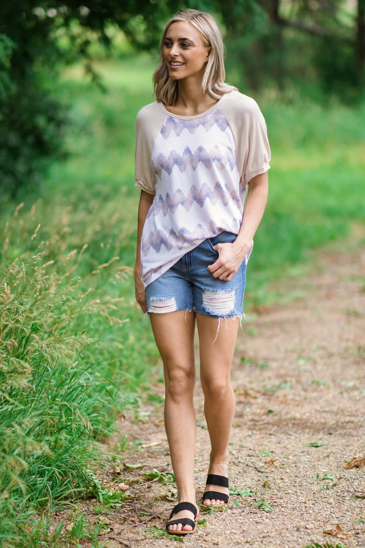 Cream and Beige Chevron Print Raglan Top
