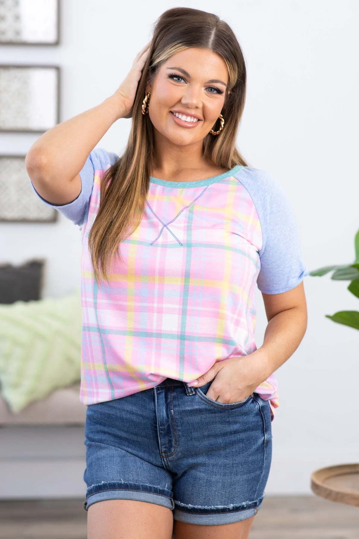 Blush and Pastel Blue Plaid Raglan Sleeve Top