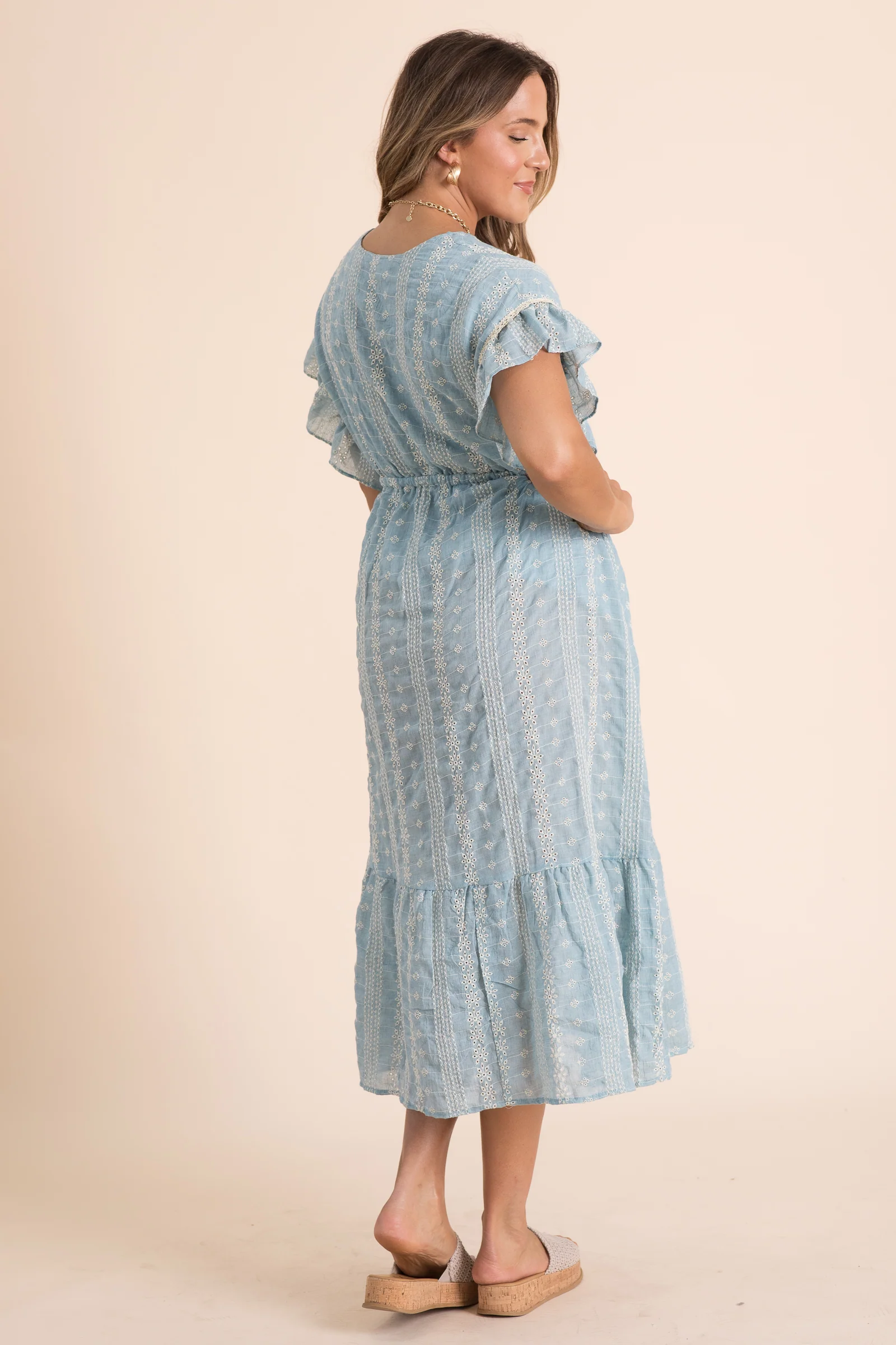Dusty Blue Embroidered Boho Ruffled Midi Dress