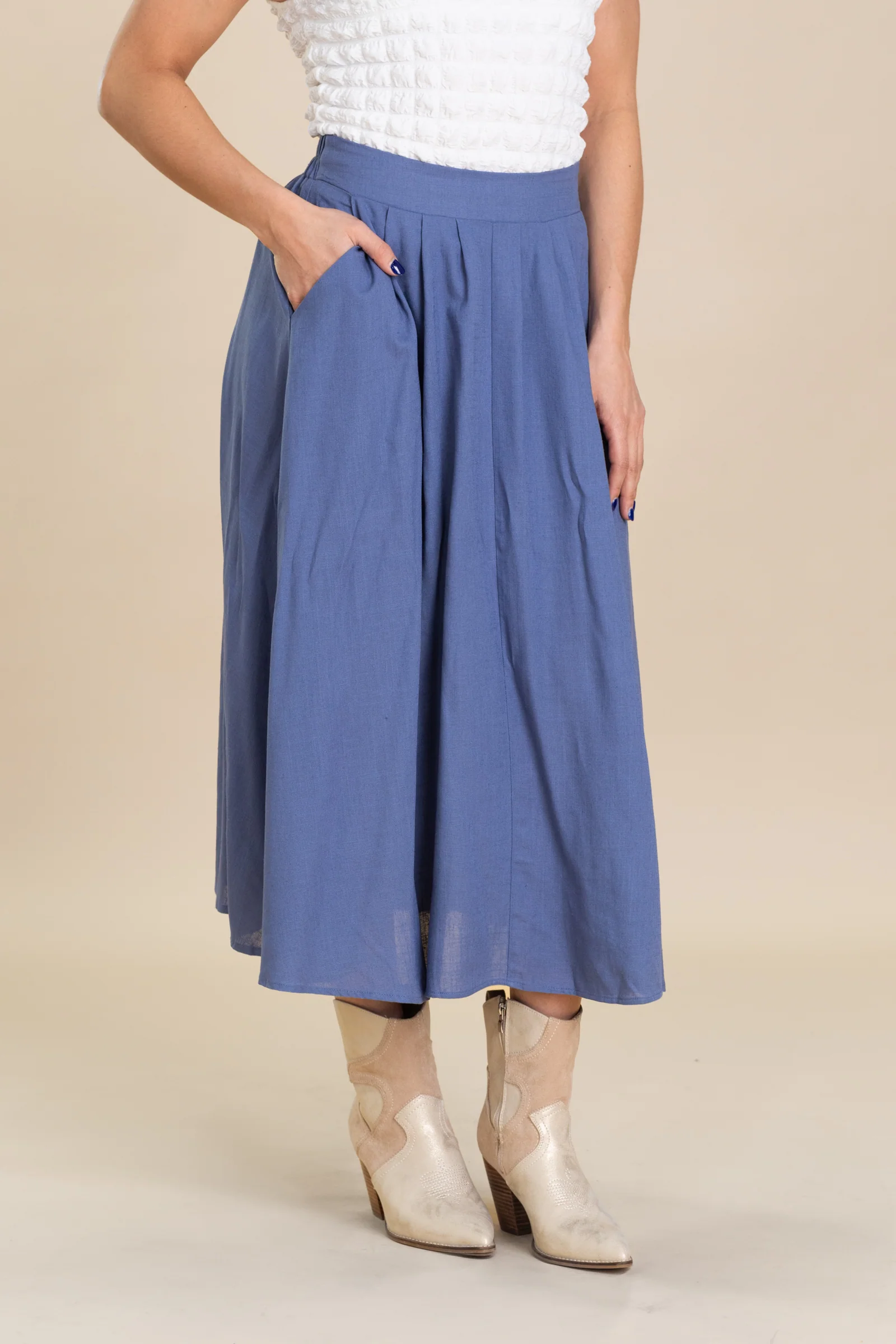 Slate Blue Front Pleats Elastic Maxi Skirt