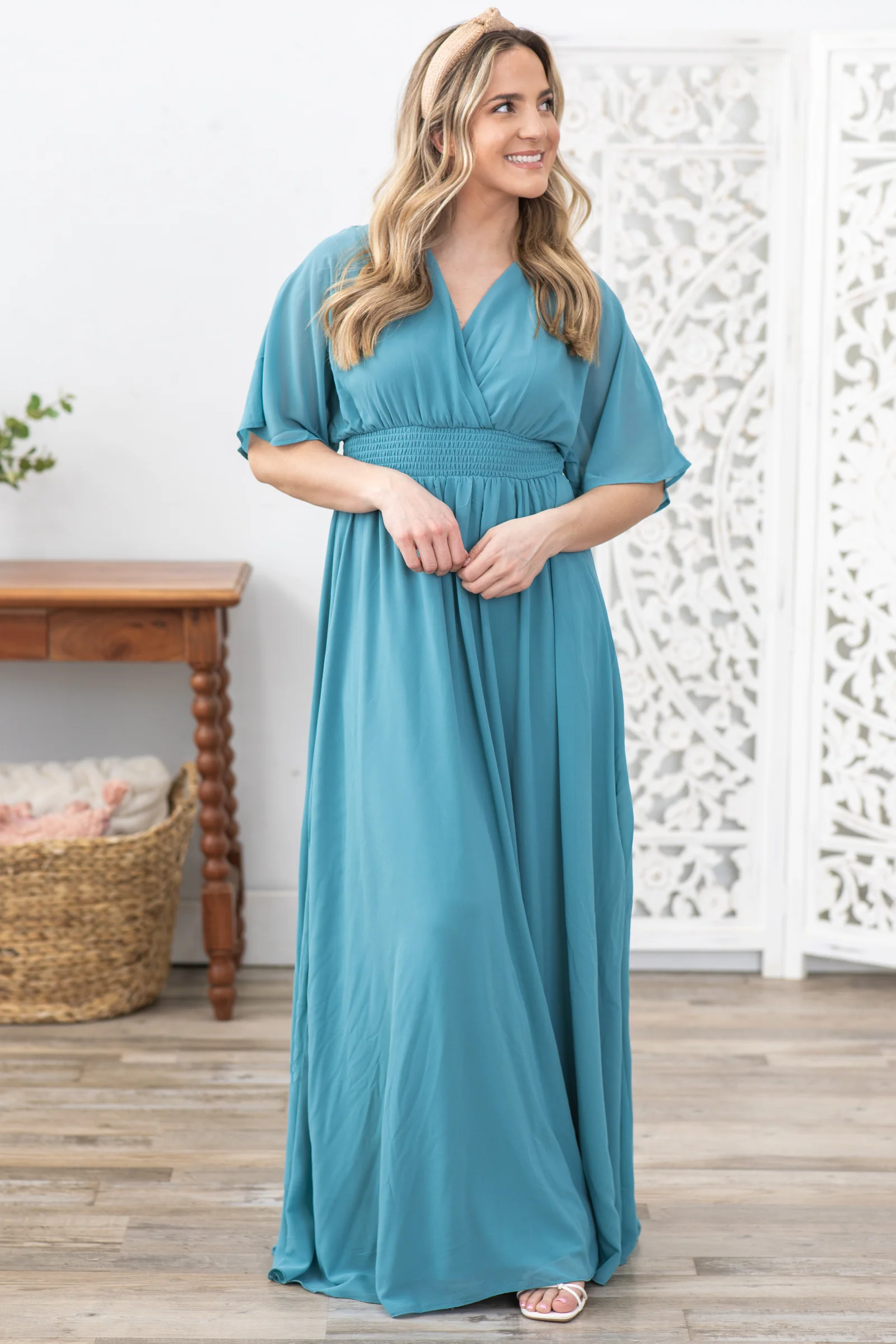 Dusty Teal Leg Slit Maxi Dress