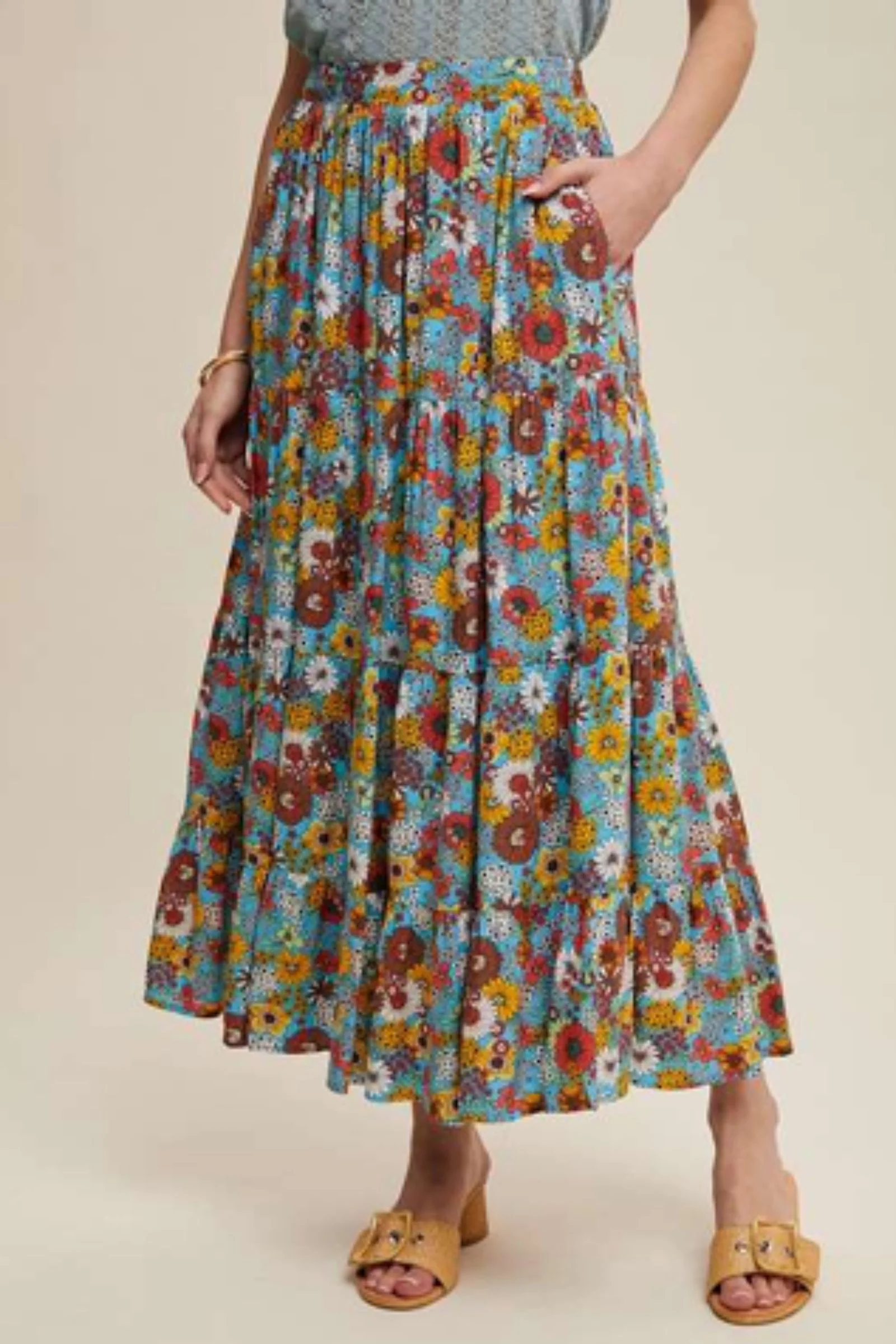 PRE-ORDER Turquoise Floral Tiered Maxi Skirt shipping apx 4/30