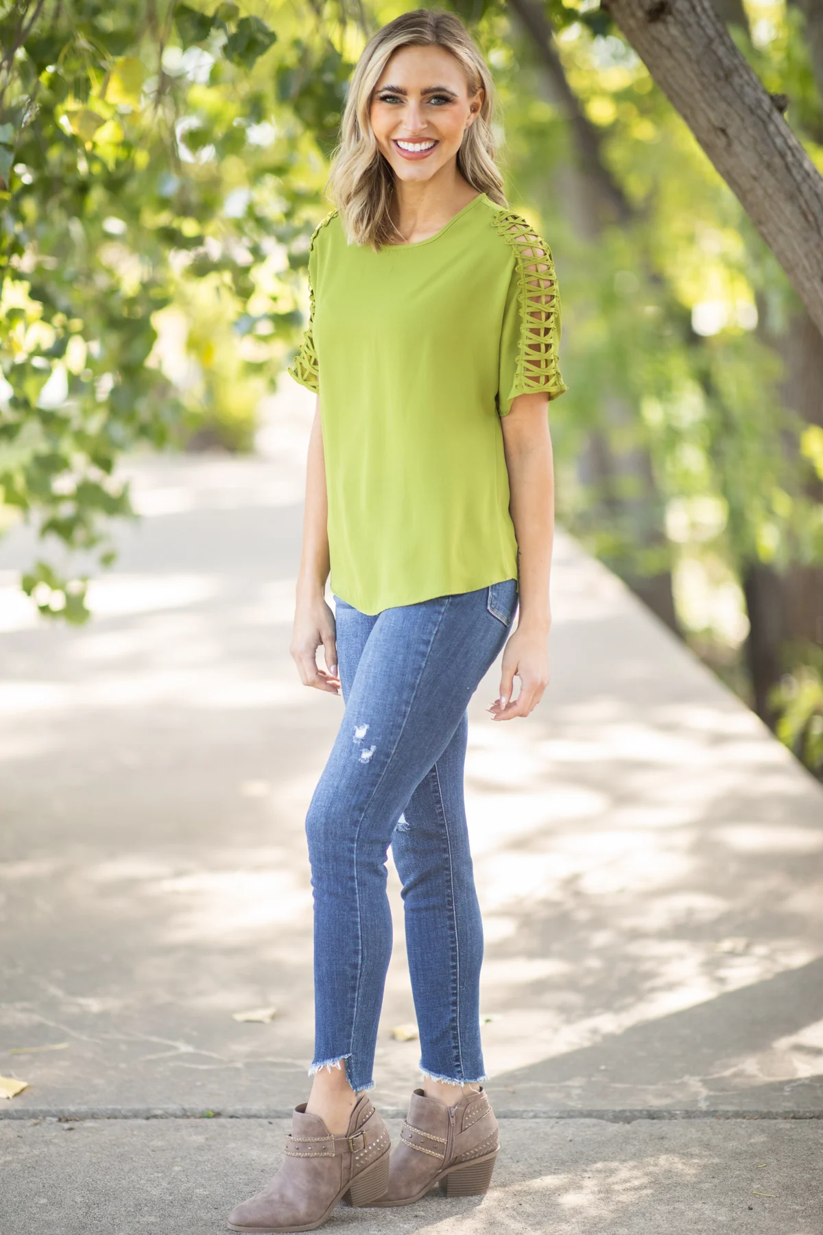 Light Olive Lattice Sleeve Top