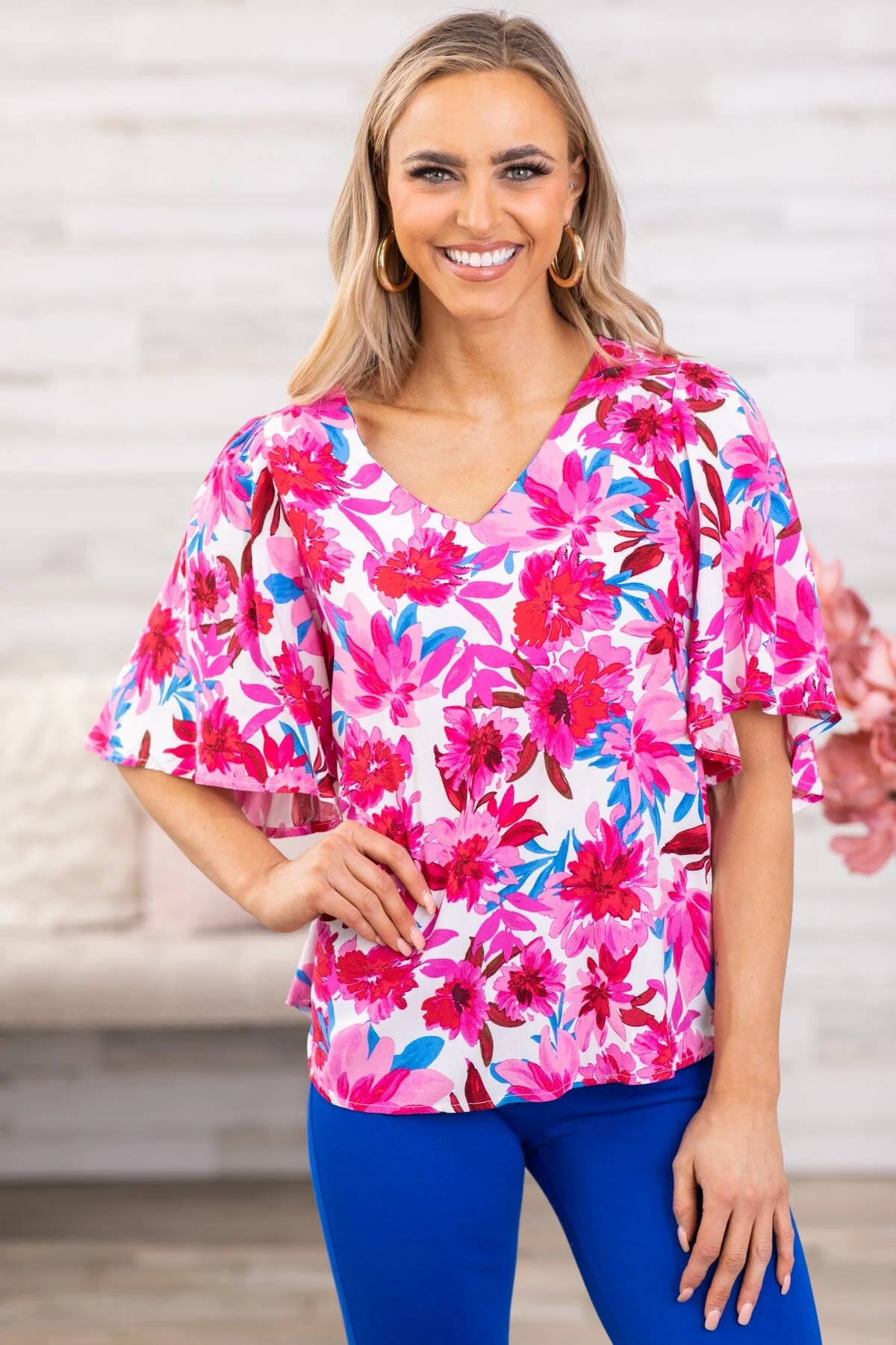 Pink Multicolor Floral Bell Sleeve V-Neck Top