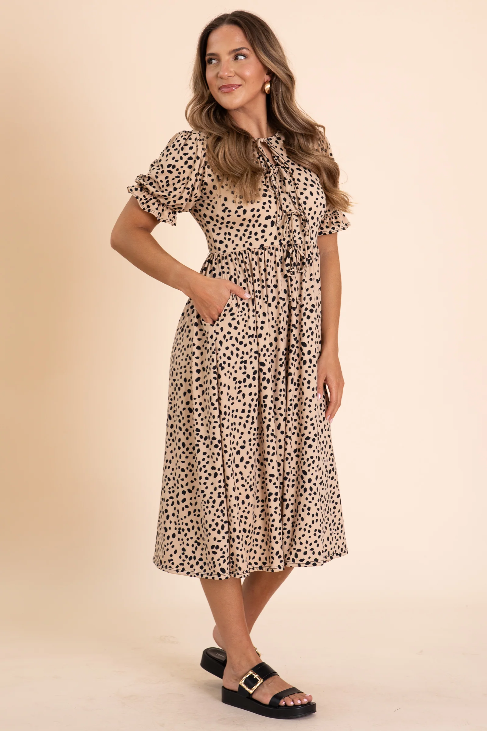 Taupe And Black Ribbon Detail Midi Dress