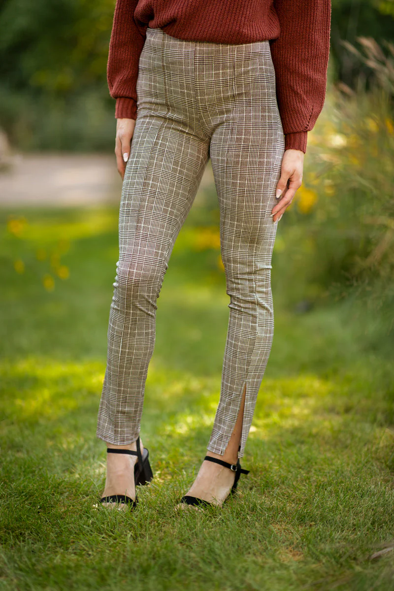 Brown and White Plaid Pull On Pants