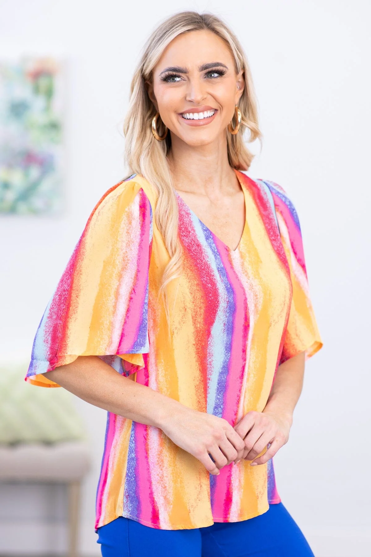 Red and Yellow Multicolor Vertical Stripe Top