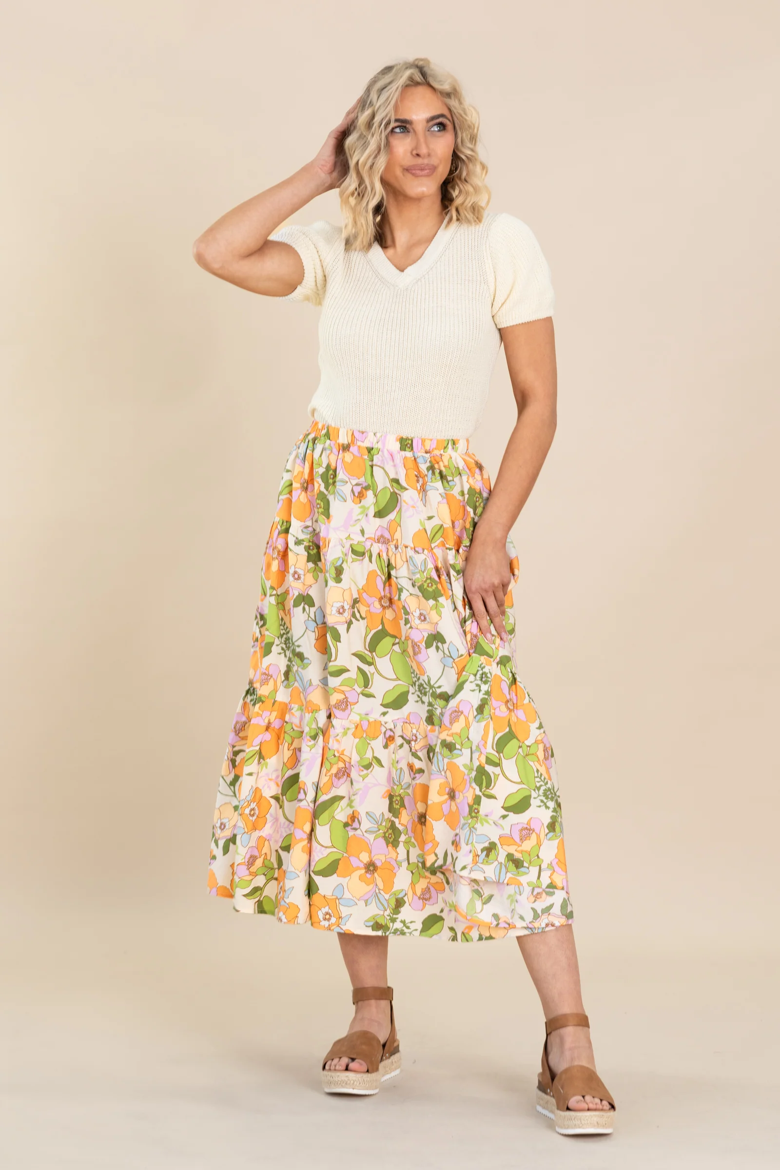 Orange Flower Print Elastic Waist Maxi Skirt