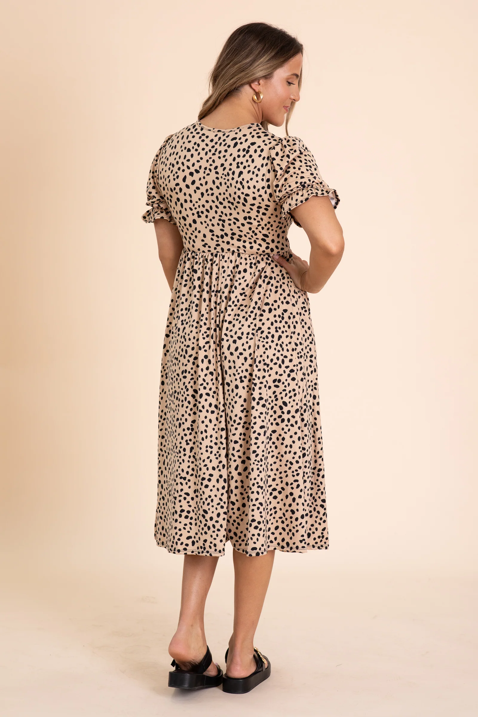 Taupe And Black Ribbon Detail Midi Dress