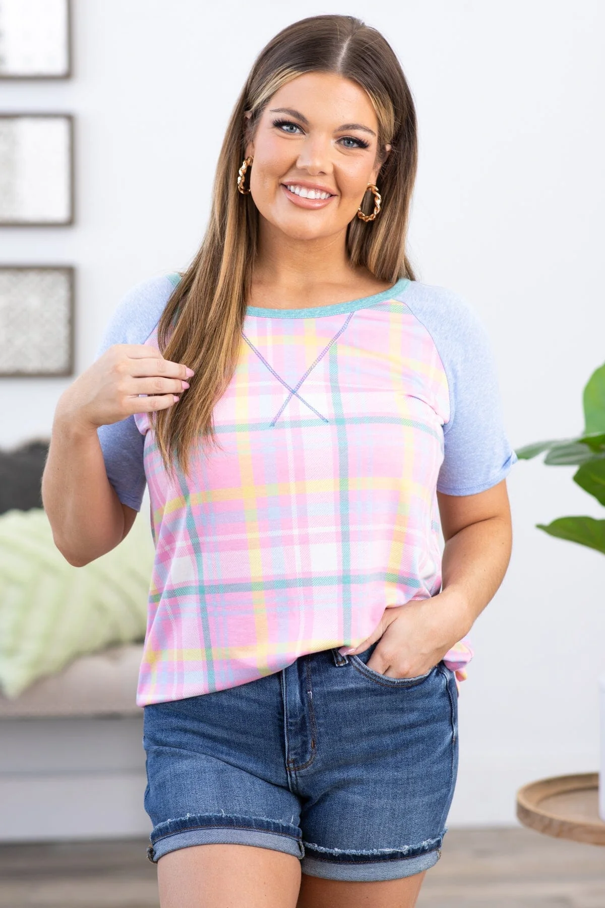 Blush and Pastel Blue Plaid Raglan Sleeve Top
