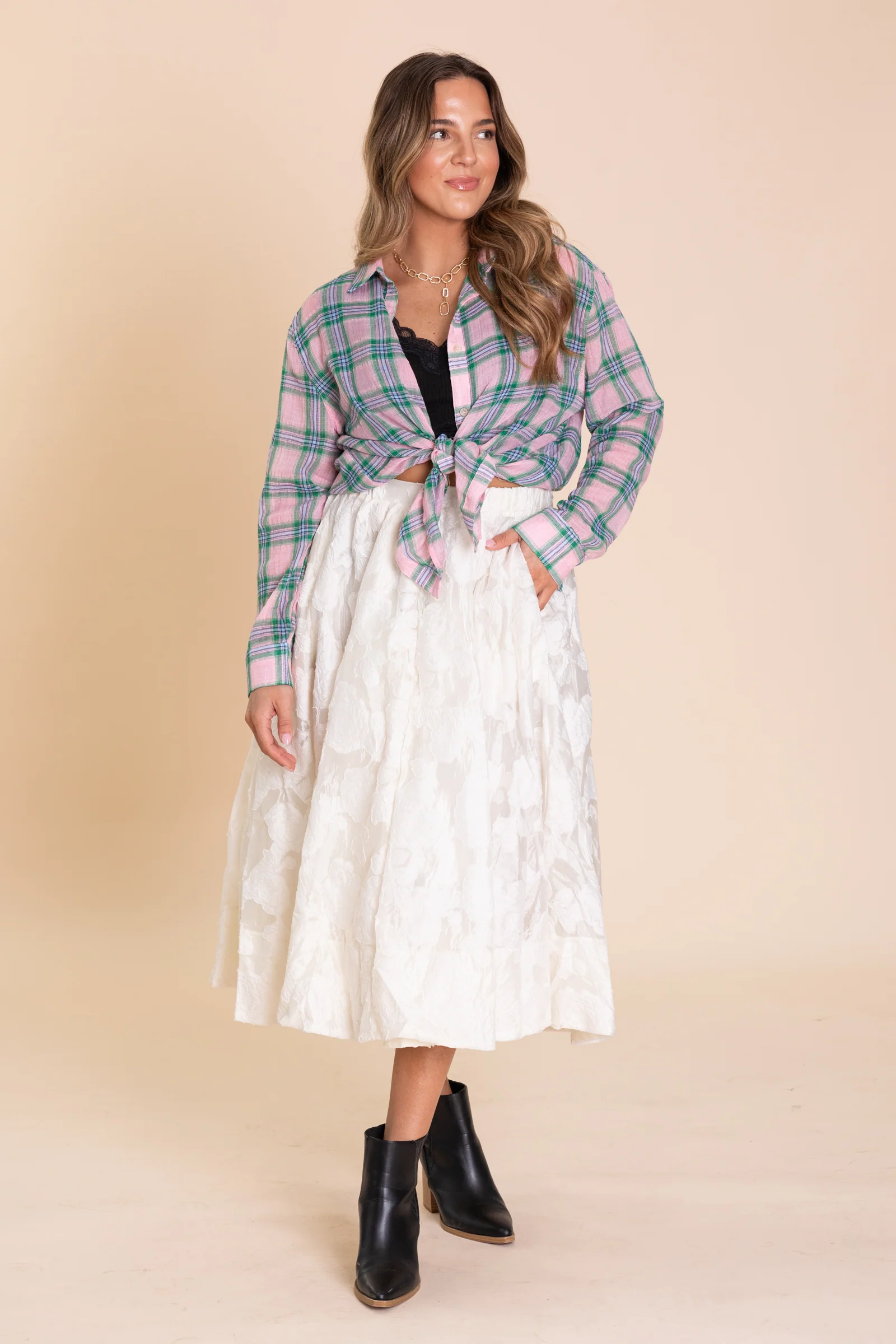 Cream Floral Print Elastic Waist Maxi Skirt