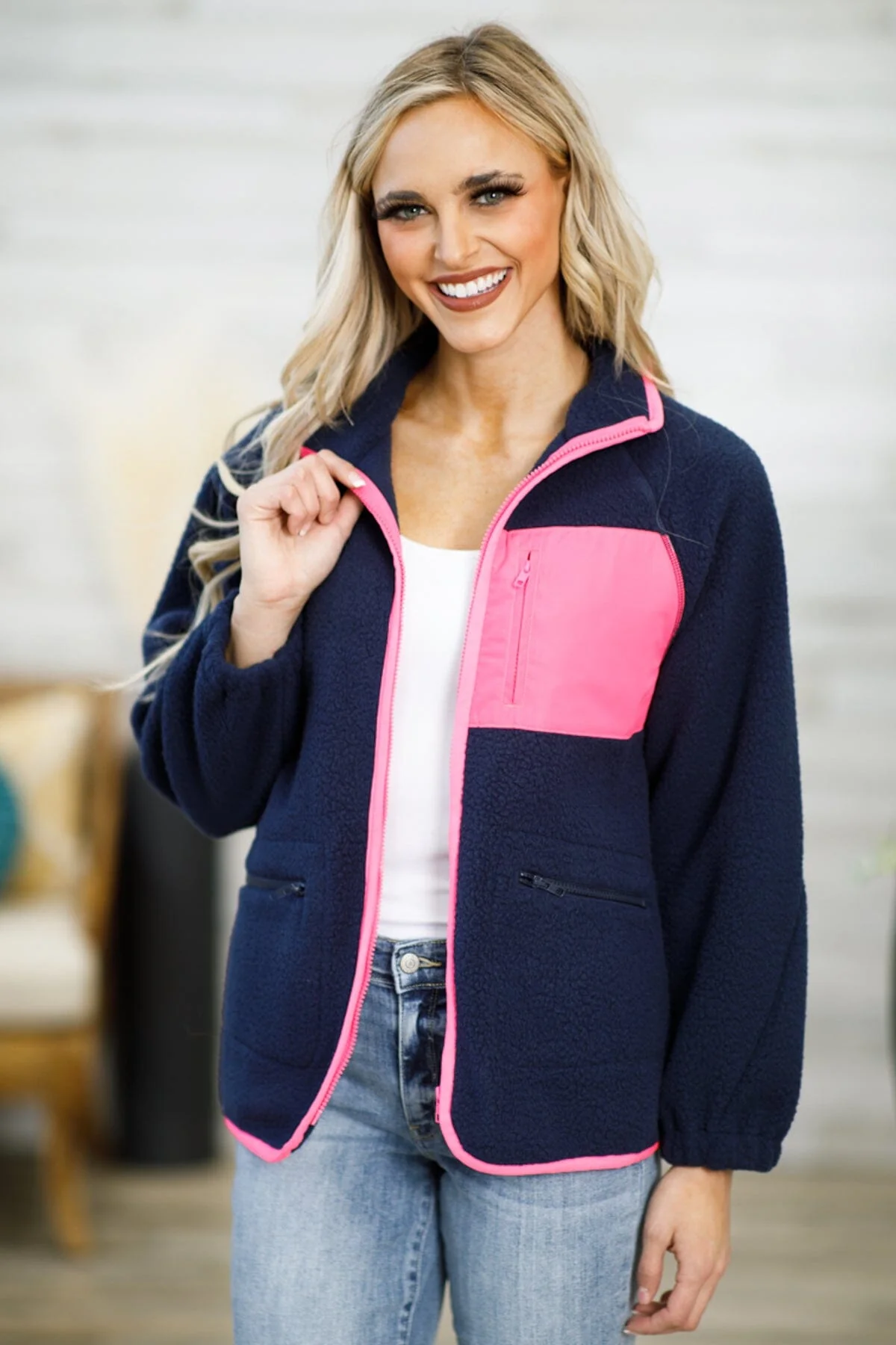 Navy and Hot Pink Full Zip Sherpa