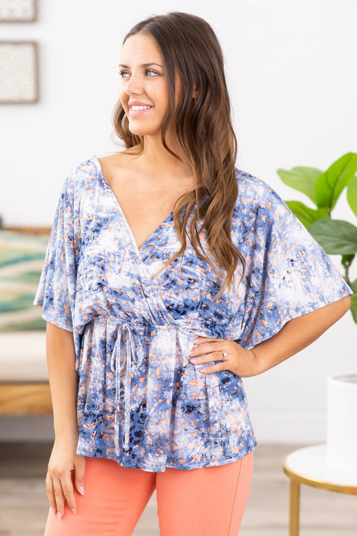 Dusty Blue and Peach Animal Print Peplum Top