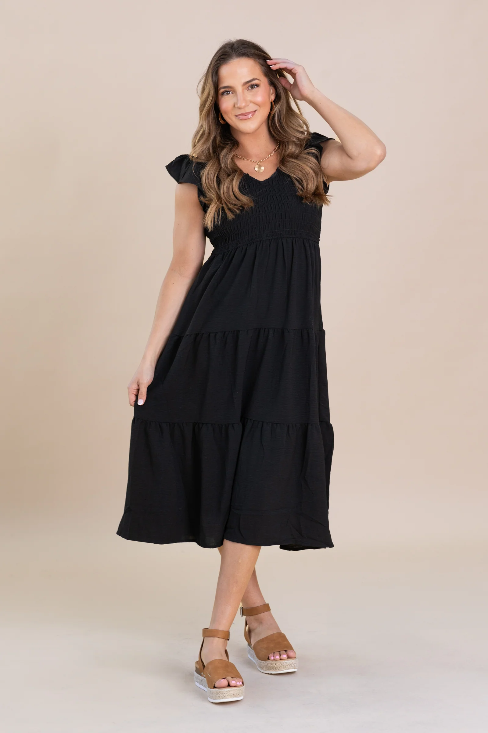 Black Flutter Sleeve Midi Dress