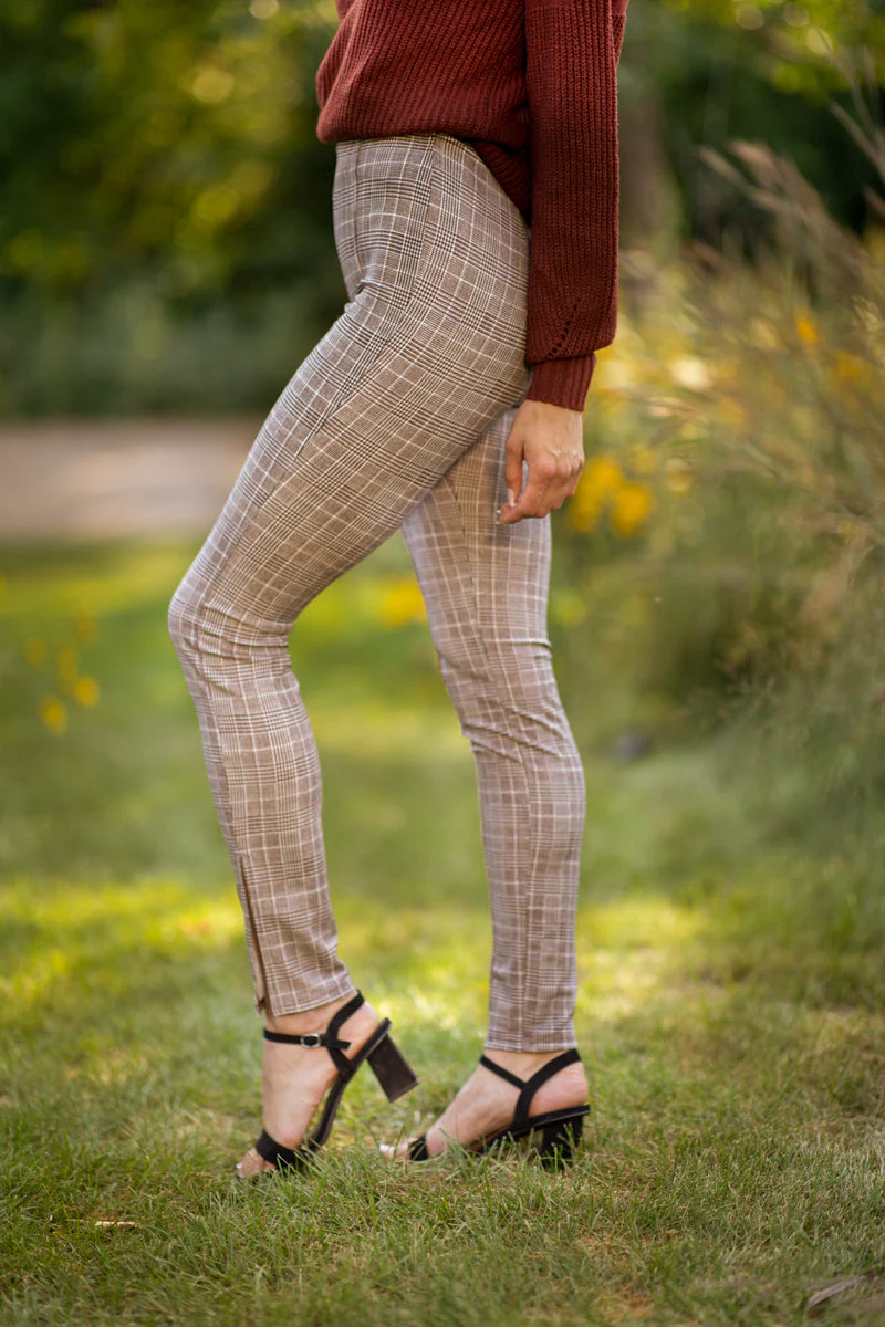 Brown and White Plaid Pull On Pants
